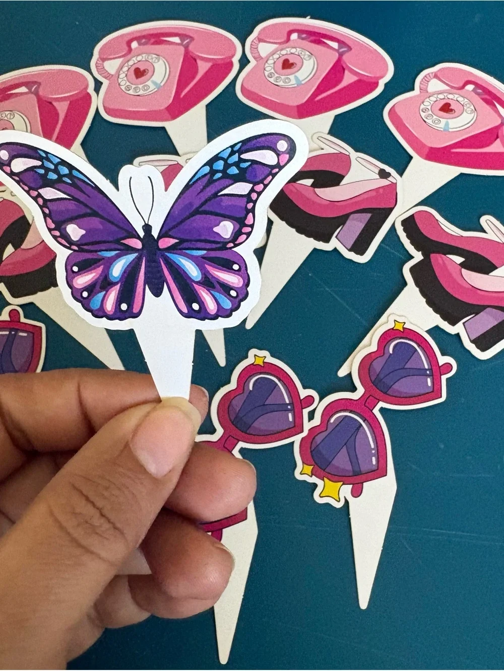 Pink Party Cupcake Toppers - Assorted Retro Phone, Heels, Butterfly & Sunglasses